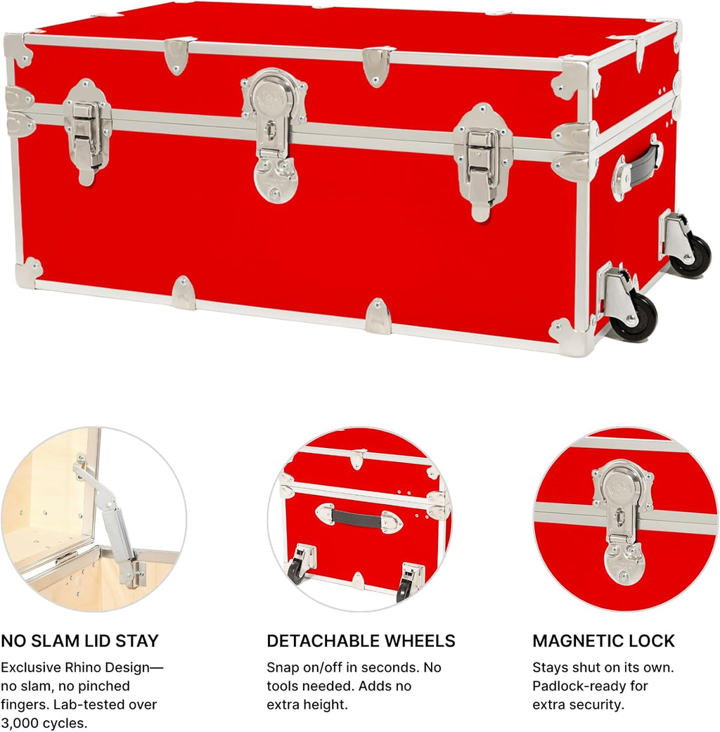 Rhino Trunk & Case Classic Camp & College Trunk with Wheels. 30'x17'x13', 1500+ lbs Capacity - Many Colors, Soft-Close Lid. Strong, USA Made Summer Camp Footlocker and Secure Dorm Storage Chest