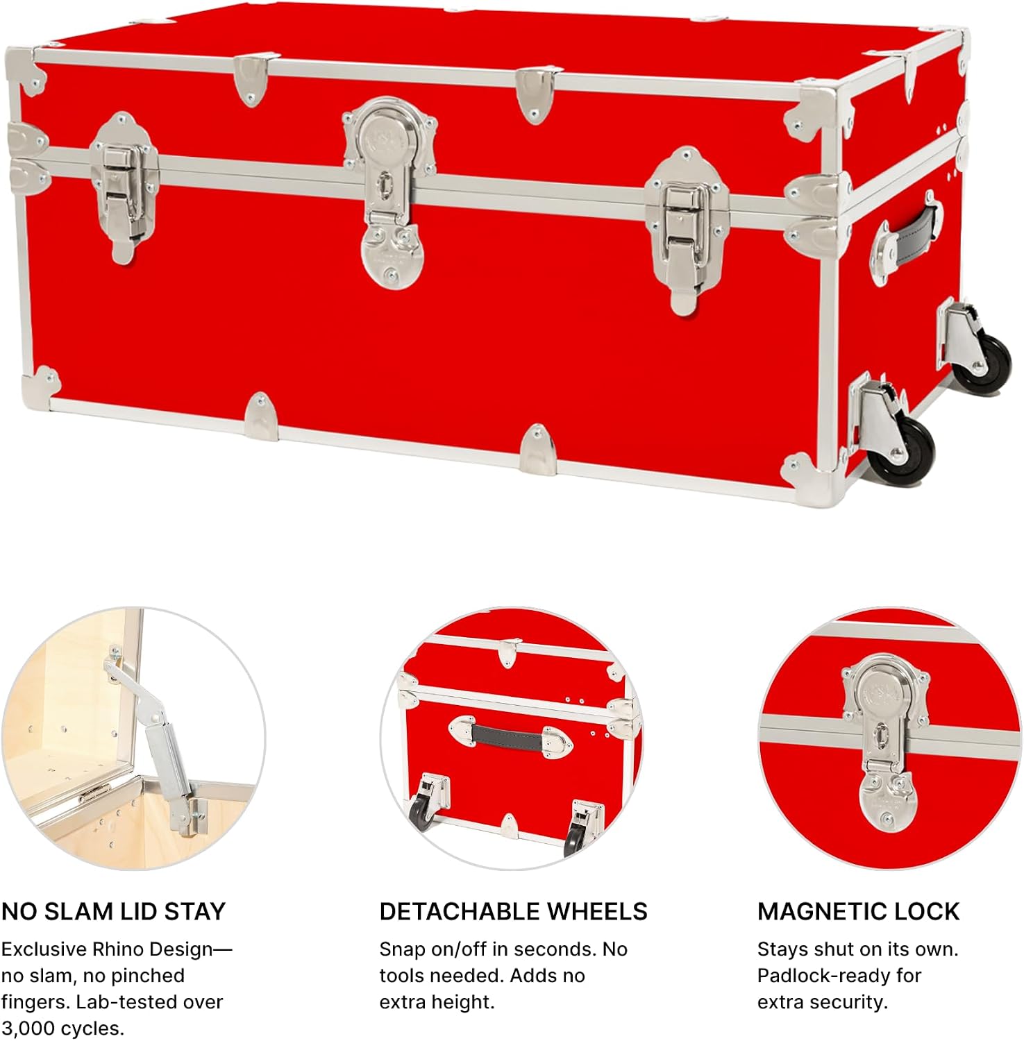 Rhino Trunk & Case Classic Camp & College Trunk with Wheels. 30'x17'x13', 1500+ lbs Capacity - Many Colors, Soft-Close Lid. Strong, USA Made Summer Camp Footlocker and Secure Dorm Storage Chest
