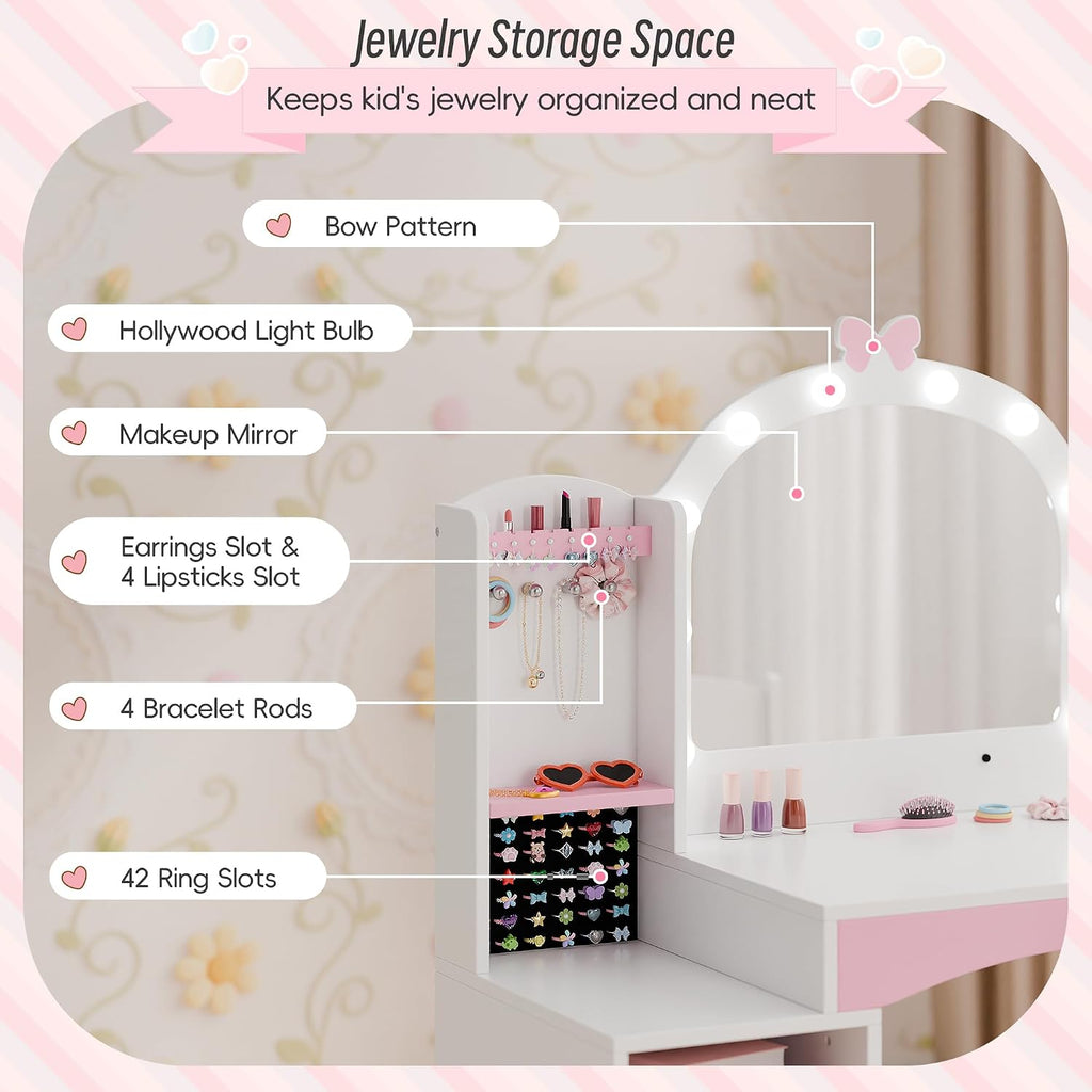 Girls Vanity Table and Chair Set, Kids Vanity with Jewelry Organizer for Princess, Toddler Makeup Vanity Desk with Open Shelf, Closed Cabinet and Butterfly Pattern, White