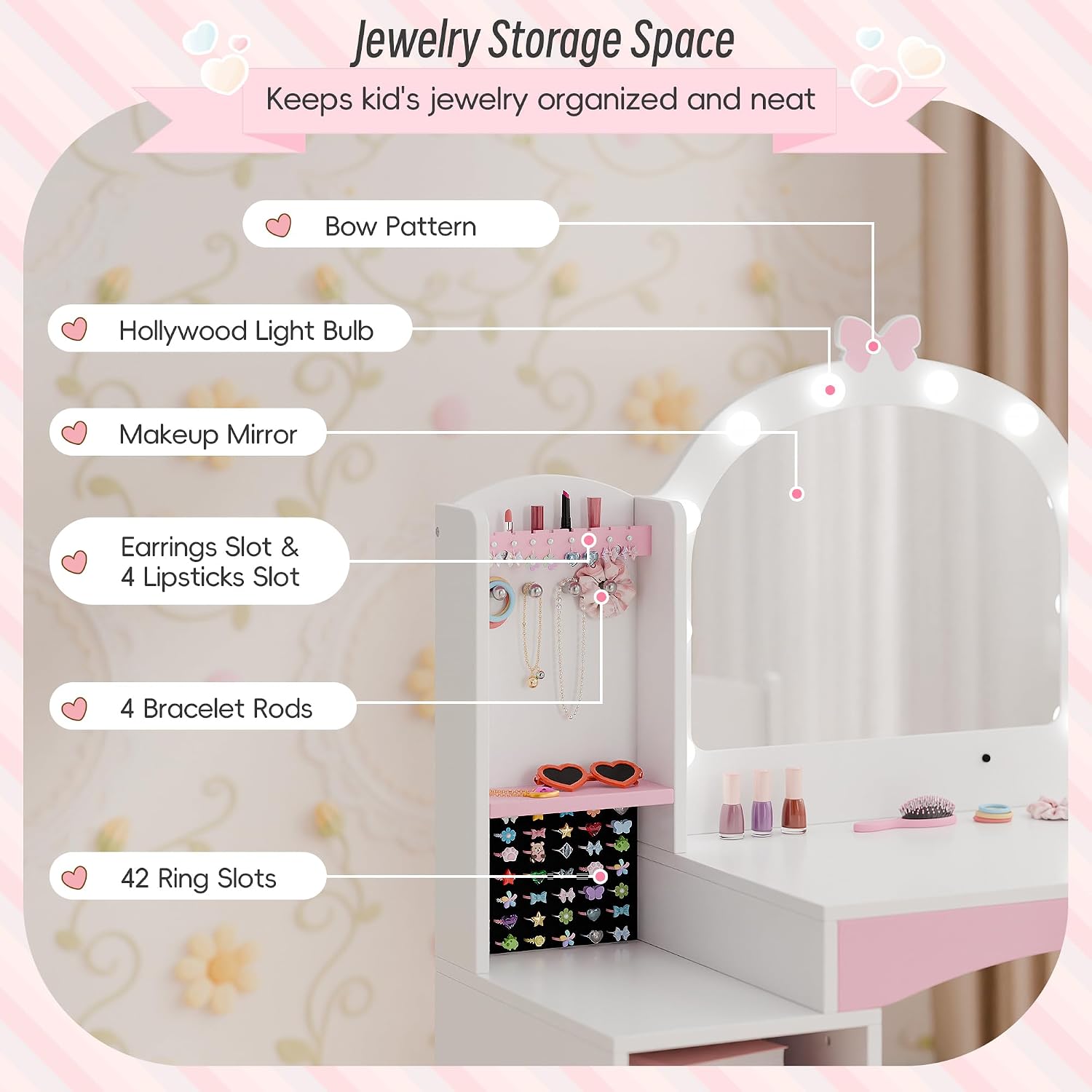 Girls Vanity Table and Chair Set, Kids Vanity with Jewelry Organizer for Princess, Toddler Makeup Vanity Desk with Open Shelf, Closed Cabinet and Butterfly Pattern, White