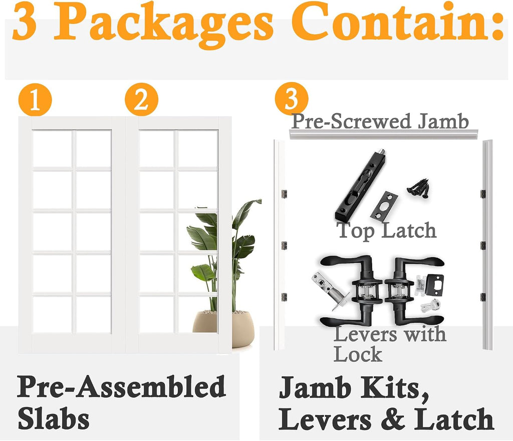 Prehung French Door 48' x 80' (2x24 in), 10-Lite Tempered Clear Glass Door Slabs with Jamb, Black Hinges, 4 Levers & Latch, Solid Core Interior Door, Pre-Finished & Paintable,Double Doors Interior