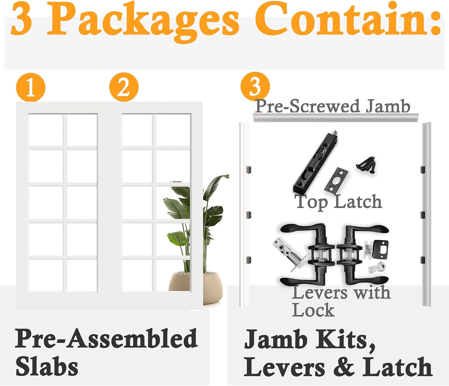 Prehung French Door 48' x 80' (2x24 in), 10-Lite Tempered Clear Glass Door Slabs with Jamb, Black Hinges, 4 Levers & Latch, Solid Core Interior Door, Pre-Finished & Paintable,Double Doors Interior