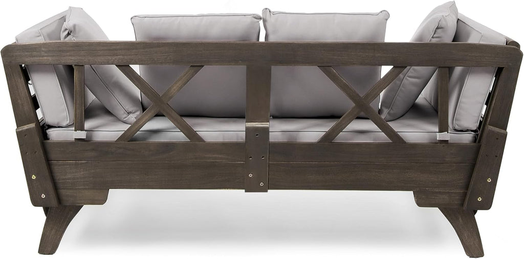 Christopher Knight Home Gary Patio Convertible Couch, Wooden Outdoor Daybed, 3-Seater Acacia Wood Patio Furniture Lounge Sofa for Backyard/Poolside/Garden, Back Pillow+Removable Cushion, Grey
