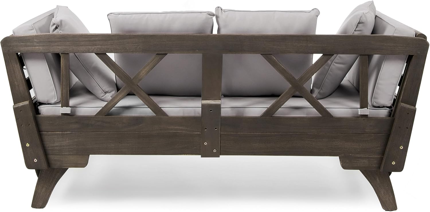 Christopher Knight Home Gary Patio Convertible Couch, Wooden Outdoor Daybed, 3-Seater Acacia Wood Patio Furniture Lounge Sofa for Backyard/Poolside/Garden, Back Pillow+Removable Cushion, Grey
