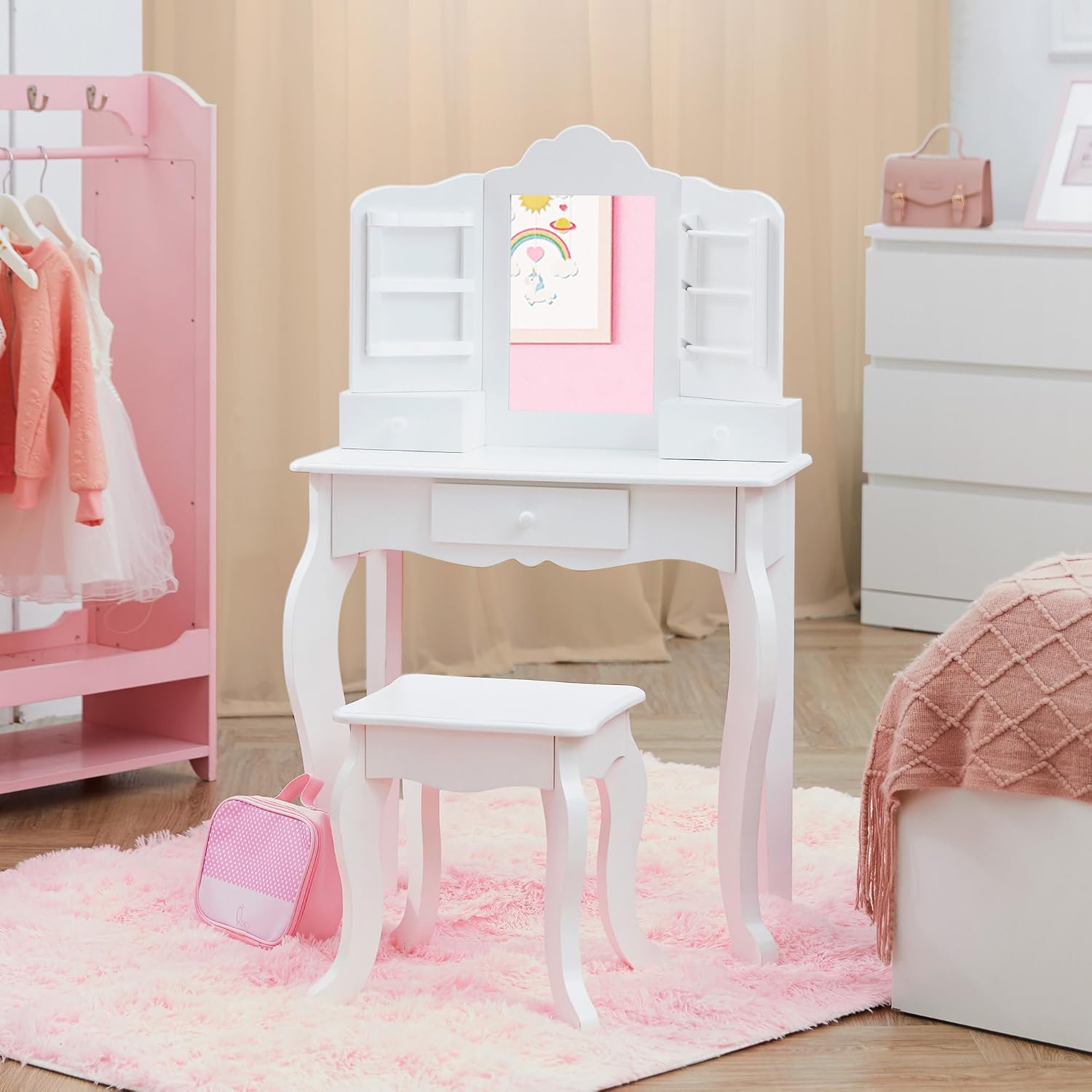 Teamson Kids White Wooden Vanity Table and Stool Set for Girls with Mirror Drawers Jewelry Storage Elegant Play Furniture for Bedroom or Playroom Ages 3+