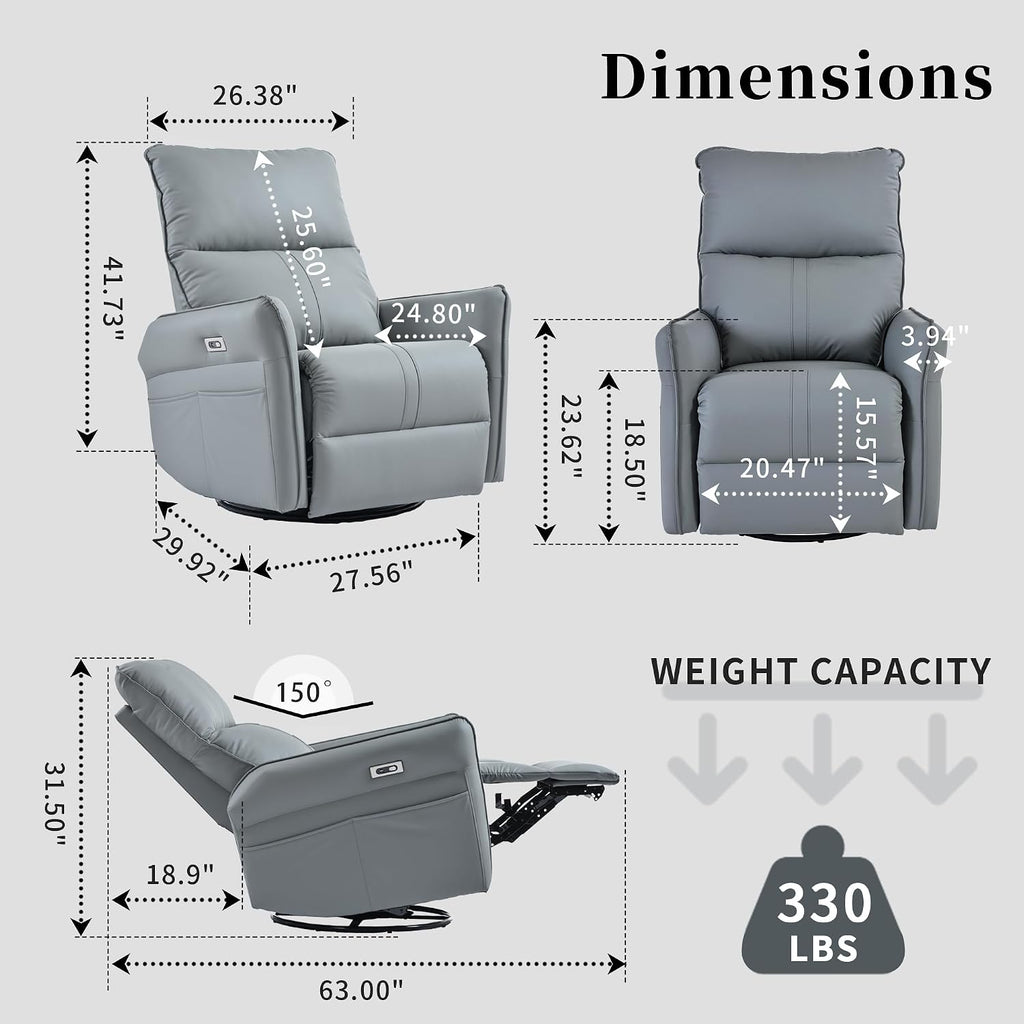 Ball & Cast Power Recliner Chair with USB and Type-c Ports,Swivel Rocker Recliner Sofa W/Padded Backrest,Infinite Position Power Lift Chair,for Living Room,Bedroom,Home Theaters,Blue-Gray