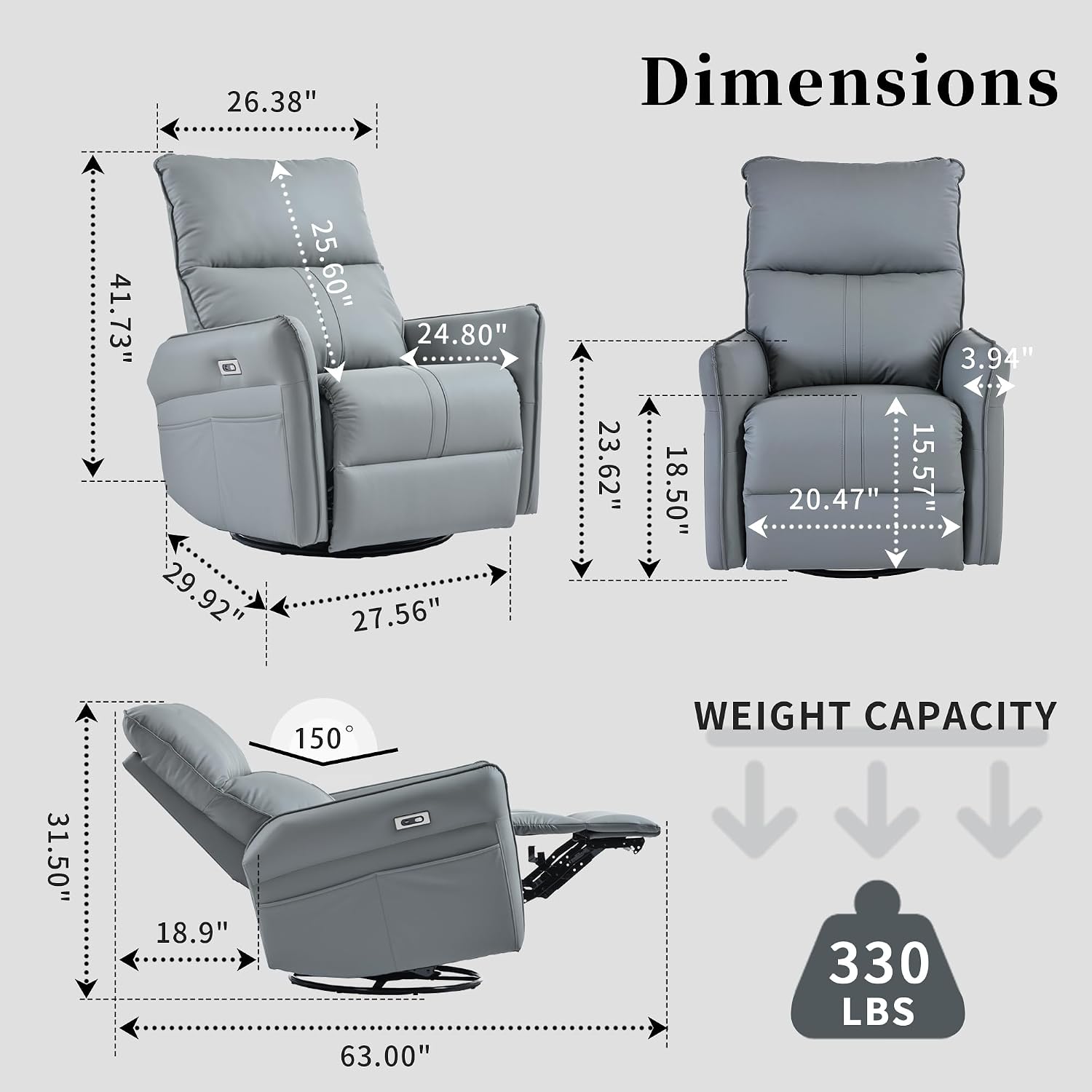 Ball & Cast Power Recliner Chair with USB and Type-c Ports,Swivel Rocker Recliner Sofa W/Padded Backrest,Infinite Position Power Lift Chair,for Living Room,Bedroom,Home Theaters,Blue-Gray