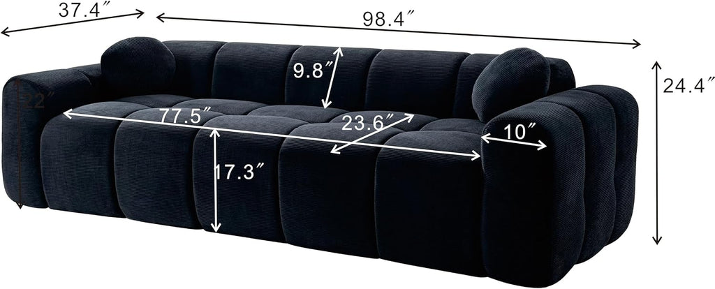 98.4-Inch Oversized Boneless Cloud Couches Deep Seat Foam Sofa Couch with 2 Round Toss Pillows, Luxury Corduroy Upholstered 3 Seat Tufted Loveseat, Cloud Sofa in a Box