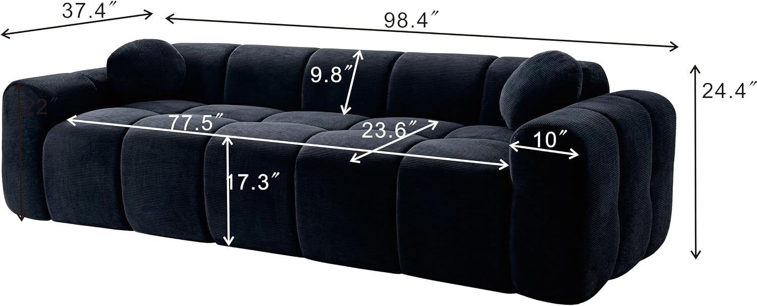 98.4-Inch Oversized Boneless Cloud Couches Deep Seat Foam Sofa Couch with 2 Round Toss Pillows, Luxury Corduroy Upholstered 3 Seat Tufted Loveseat, Cloud Sofa in a Box