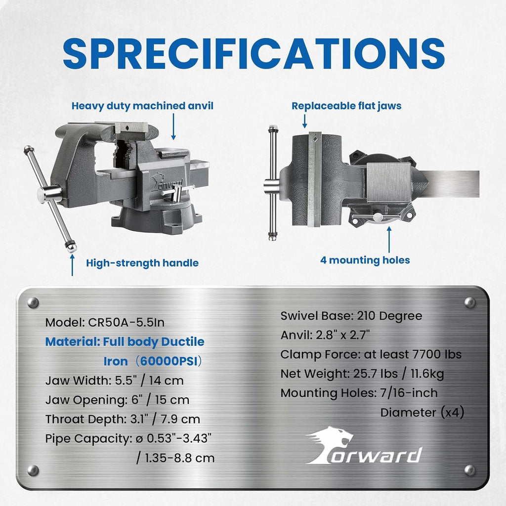 Forward CR50A-5.5In Bench Vise Heavy Duty Vice with Anvil and 210 Degrees Swivel Base (5 1/2')