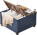 Joaxswe Farmhouse Coffee Table with Hidden Storage, 59 Gallon Square Center Table for Living Room, Rustic Wood Cocktail Tables with Flip-Top Lids, Farm House Tables with Wooden Gourd Feet, Navy Blue