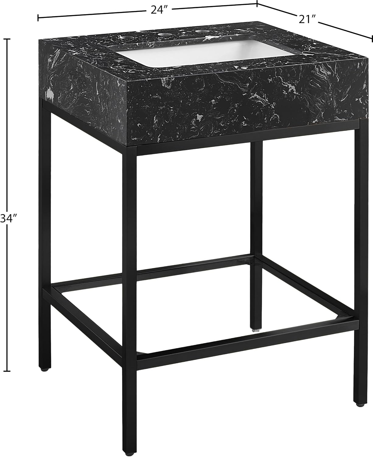 Meridian Furniture 407Black-24 Marmo Collection Modern | Contemporary Bathroom Vanity with Black Engineered Stone with White Veining, Matte Black Metal Base, 24' W x 21' D x 34' H