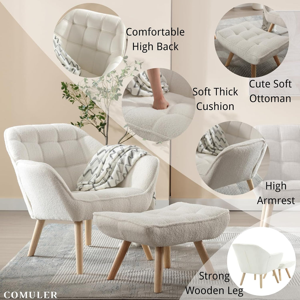 White Sherpa Accent Chair with Ottoman ，Modern Reading Chairs with Ottoman Set, Comfy Fuzzy Armchair Living Room Chair Lounge Chair with Wood Legs for Small Spaces Bedroom Apartment