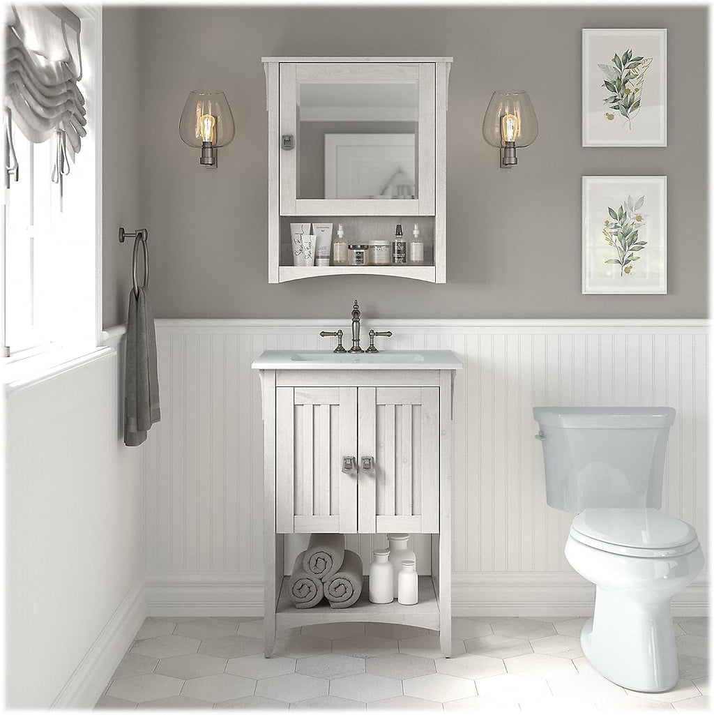 Bush Home Salinas 24W Bathroom Vanity Sink and Medicine Cabinet with Mirror in Linen White Oak