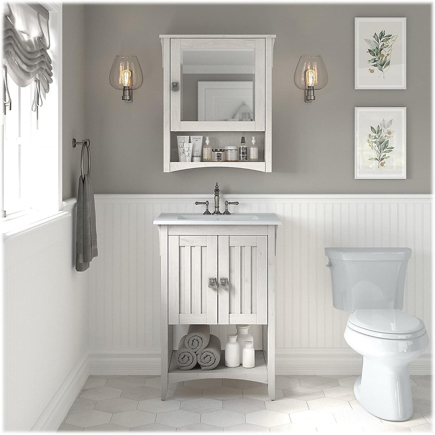 Bush Home Salinas 24W Bathroom Vanity Sink and Medicine Cabinet with Mirror in Linen White Oak