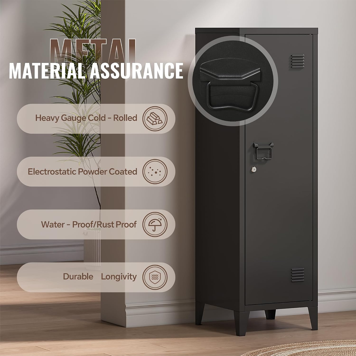 Locker Cabinet, 50' Black Small Metal Locker Storage Cabinet for Employees with Locking Door and 2 Shelves Kids Locker Tool File Cabinets for Bedroom, Home Office, Garage, Bathroom