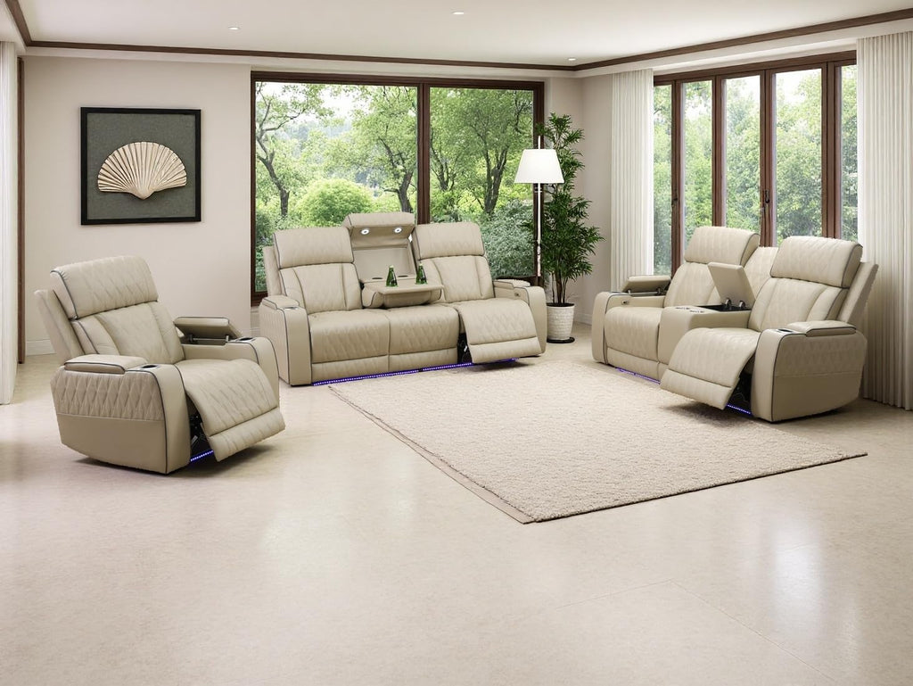 3PCS Power Recliner Sofa with Drop-Down Table Cup Holder, Living Room Furniture Sets, Beige Breathing Leather Power Reclining Sofa Set with 5 Recliner Seats,Storage Console for Living Room