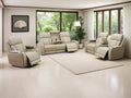 3PCS Power Recliner Sofa with Drop-Down Table Cup Holder, Living Room Furniture Sets, Beige Breathing Leather Power Reclining Sofa Set with 5 Recliner Seats,Storage Console for Living Room