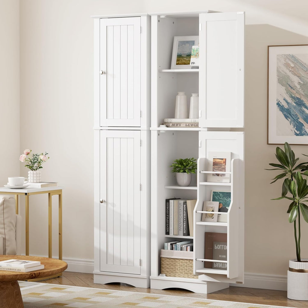Function Home Tall Bathroom Storage Cabinet, 64' Slim Kitchen Pantry with Door Storage, Narrow Wood Freestanding Cabinets with Adjustable Shelves for Kitchen Living Room Dining Room, White