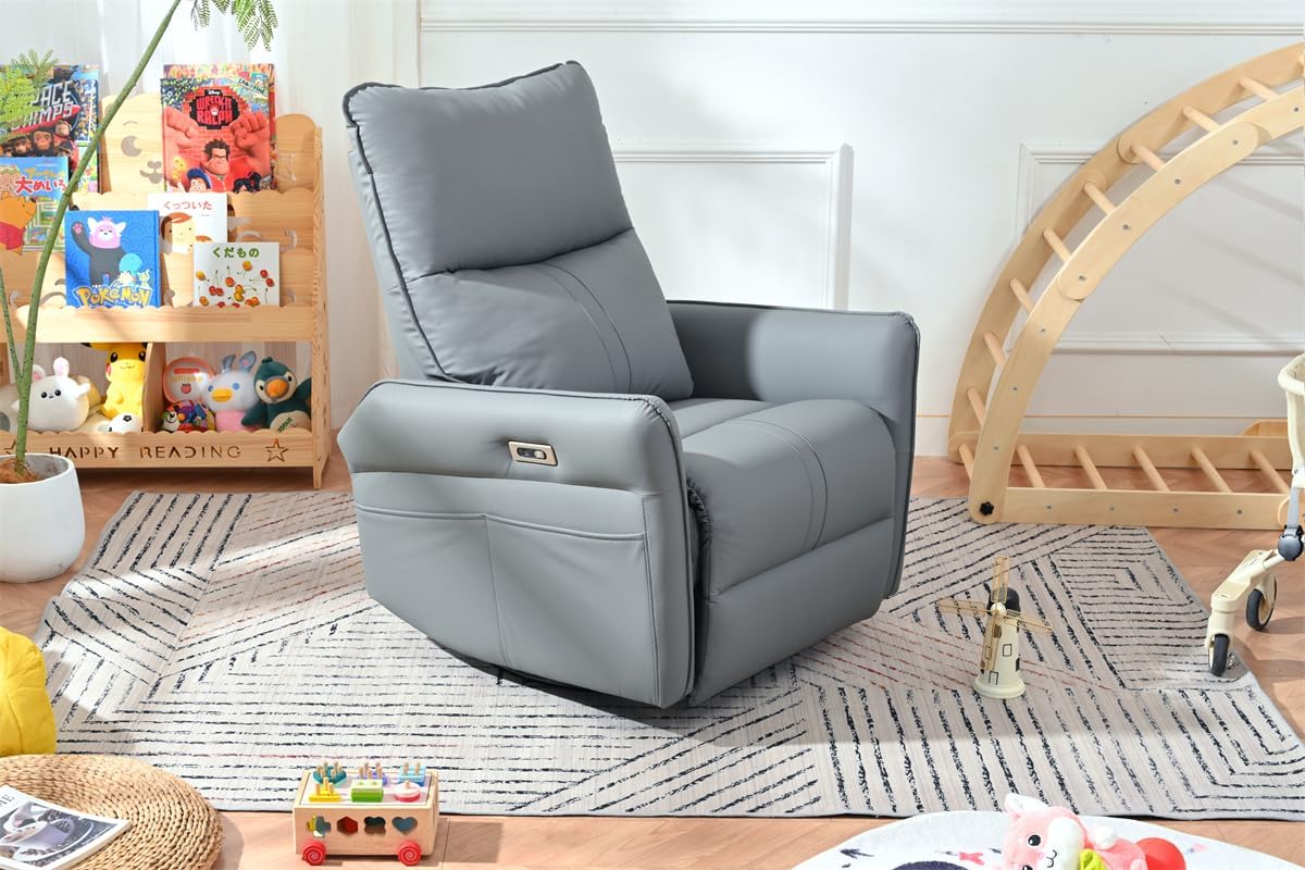 Ball & Cast Power Recliner Chair with USB and Type-c Ports,Swivel Rocker Recliner Sofa W/Padded Backrest,Infinite Position Power Lift Chair,for Living Room,Bedroom,Home Theaters,Blue-Gray
