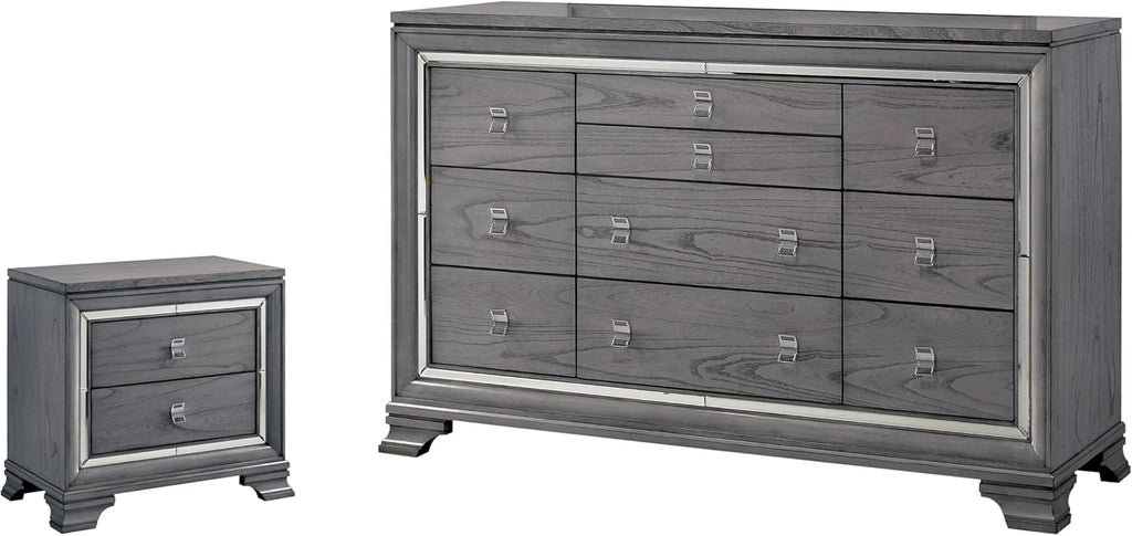 HOMES: Inside + Out Zenka Solid Wood 2-Piece Dresser and Nightstand Set with Metal Pulls, Mirror Trim, Felt-Lined Top Drawer, Easy Assembly for Bedroom, Guest Room, Light Gray