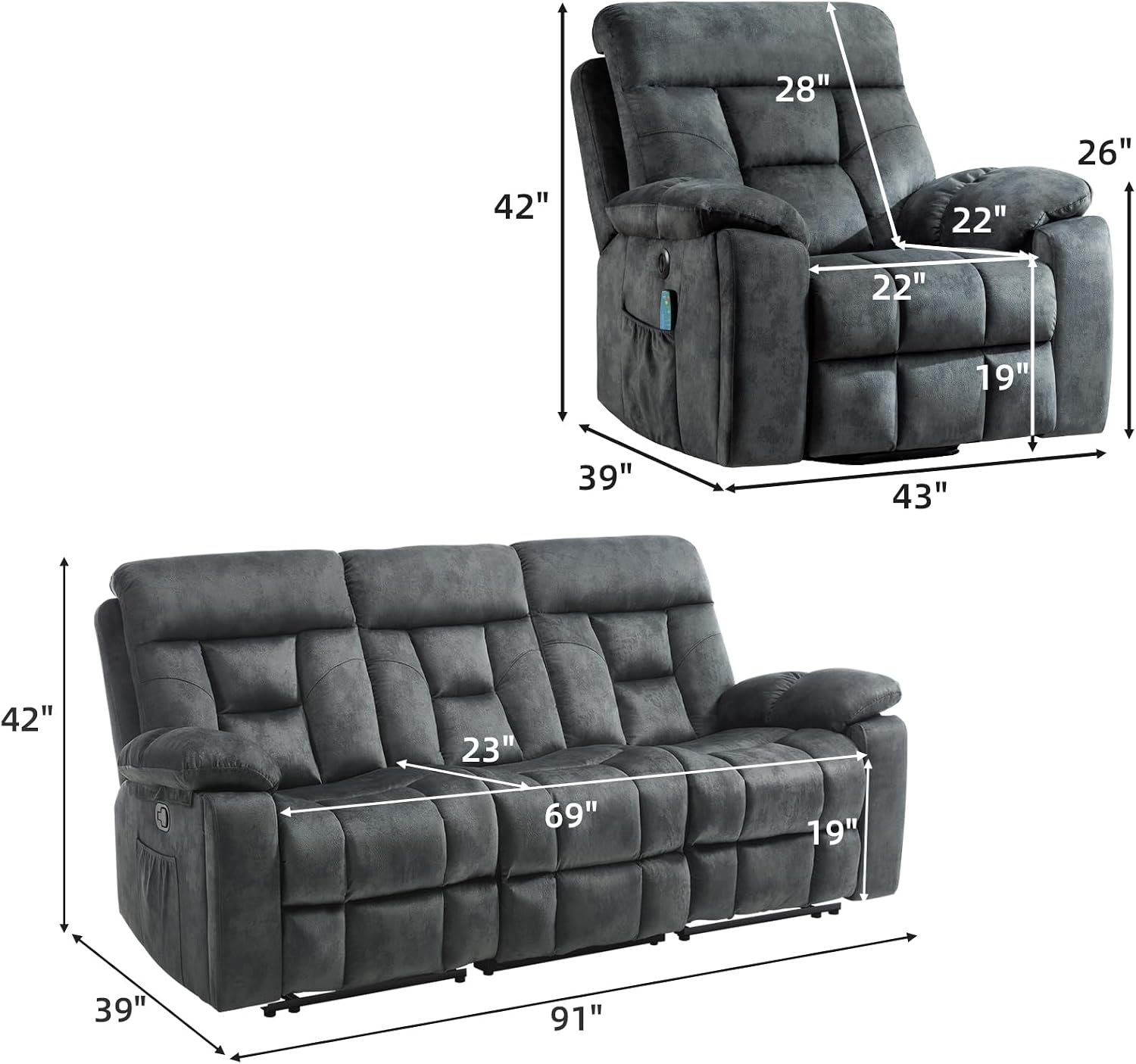 EBELLO Reclining Living Room Set, Soft Fabric Manual Recliner Sofa Furniture Set, Includes 2 Power Lift Recliner Chairs with Massage and Heat and 3 Seat Sofa, Dark Greenish-Grey