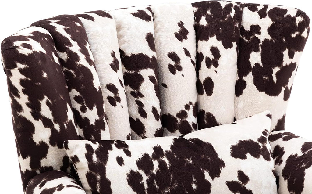 Kmax Cow Print Accent Chair Velvet Wingback Chair with Pillow Nail-Head Channel Tufted Oversized Club Chair for Living Room Bedroom Guest Room