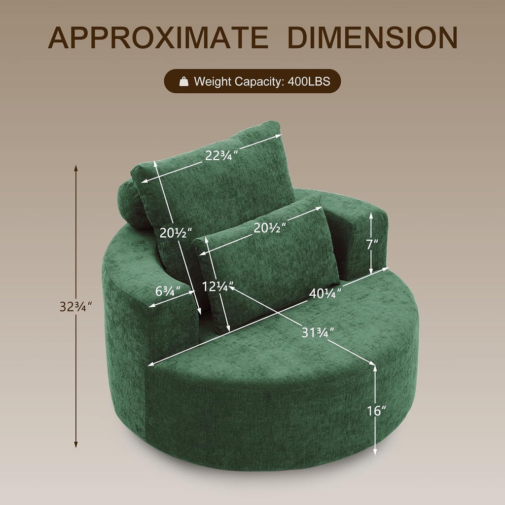 Furnimart Oversized Barrel Accent Chair, 360° Swivel Round Upholstered Sofa, Chenille High-Resilience Sponge, No Assembly Wide Seat for Living Room, Bedroom, Apartment (Green)