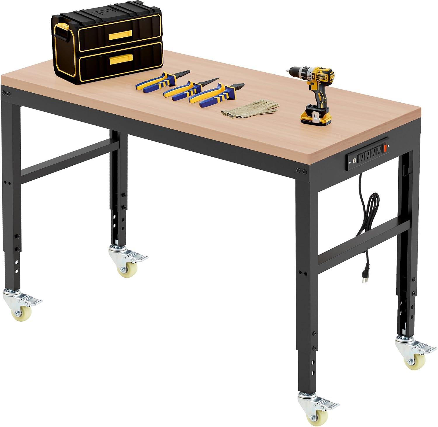 Antifir 48' Adjustable Workbench，Heavy Duty Wood Work Bench 2000 Lbs Load Capacity,Work Table with Power Outlet and Wheels for Garage, Workshop, Office, Home