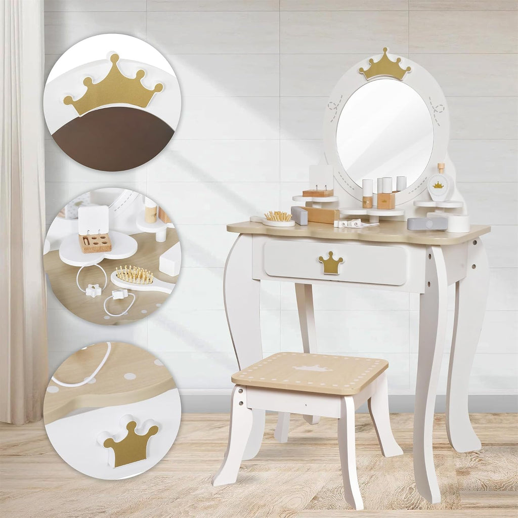 Little Girls Makeup Table with Mirror and Chair, Kids Vanity Table&Chair Set with Storage Drawer,Toddler Pretend Play Vanity Set with 9 pcs Multiple Make up Accessories,Princess Vanity Desk for 3+Kid