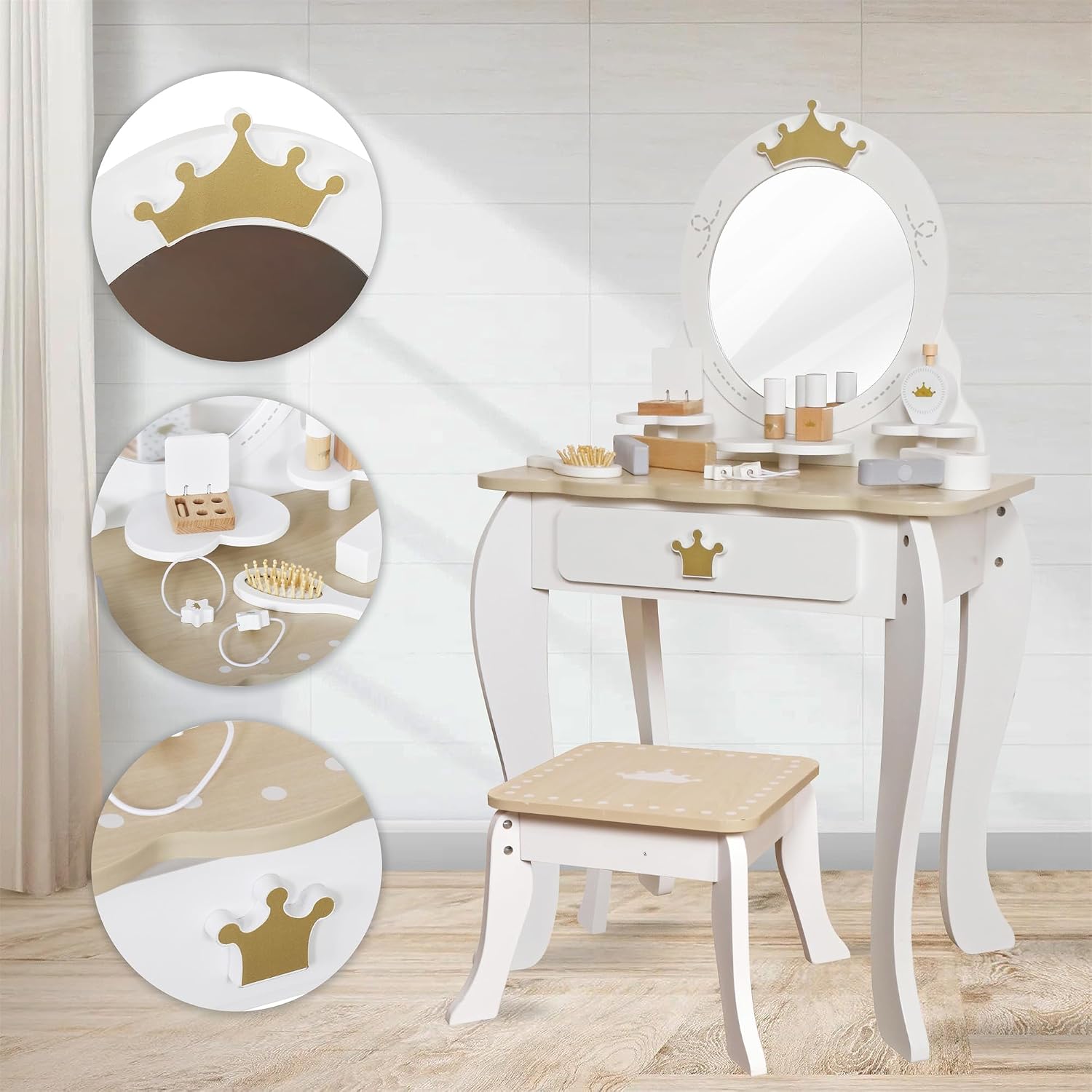 Little Girls Makeup Table with Mirror and Chair, Kids Vanity Table&Chair Set with Storage Drawer,Toddler Pretend Play Vanity Set with 9 pcs Multiple Make up Accessories,Princess Vanity Desk for 3+Kid