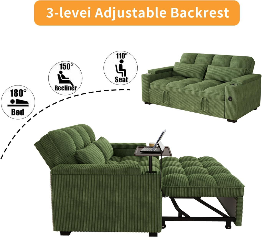 KEIKI 65' 3-in-1 Convertible Sofa Bed, Pull-Out Sleeper Couch with Adjustable Backrest, Corduroy Futon Loveseat with USB Charging Ports & Storage Arms for Guest Rooms, Studios & Small Space Living