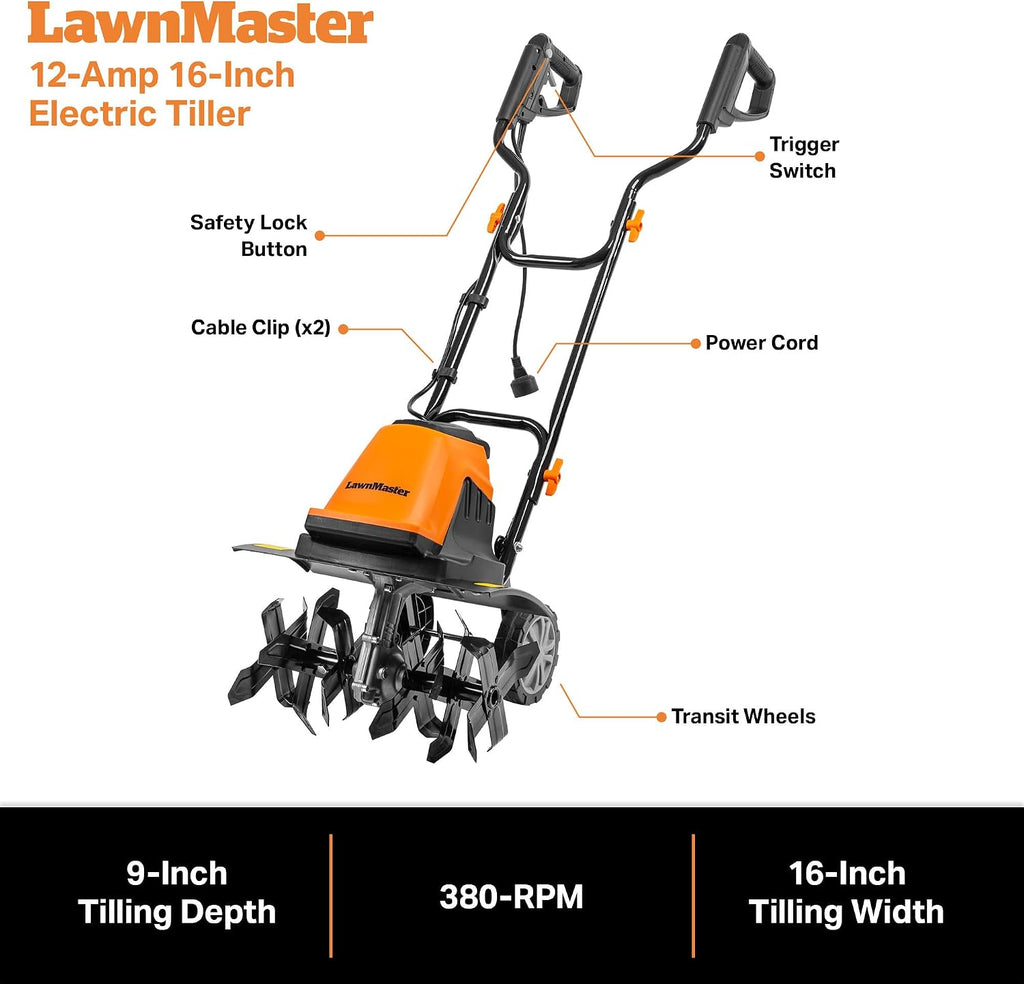 LawnMaster TE1216M Electric Tiller 12-Amp, 16-Inch