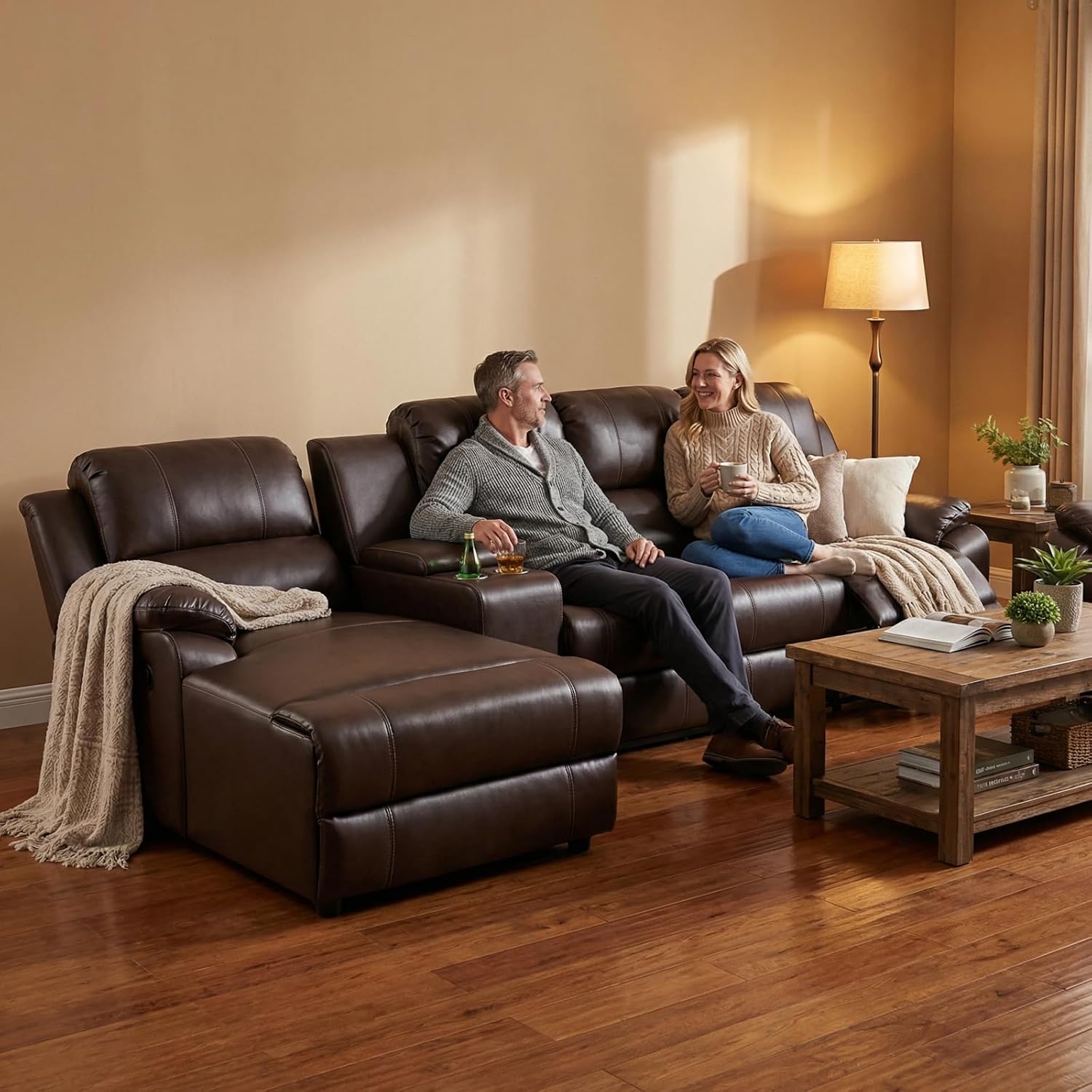 Recliner Sofa Set, Breathable Leather 3-Piece Reclining Couch Set, Living Room Furniture Set with Manual Recliners, Loveseat with Console, Cup Holders & Storage for Home Theater, Brown