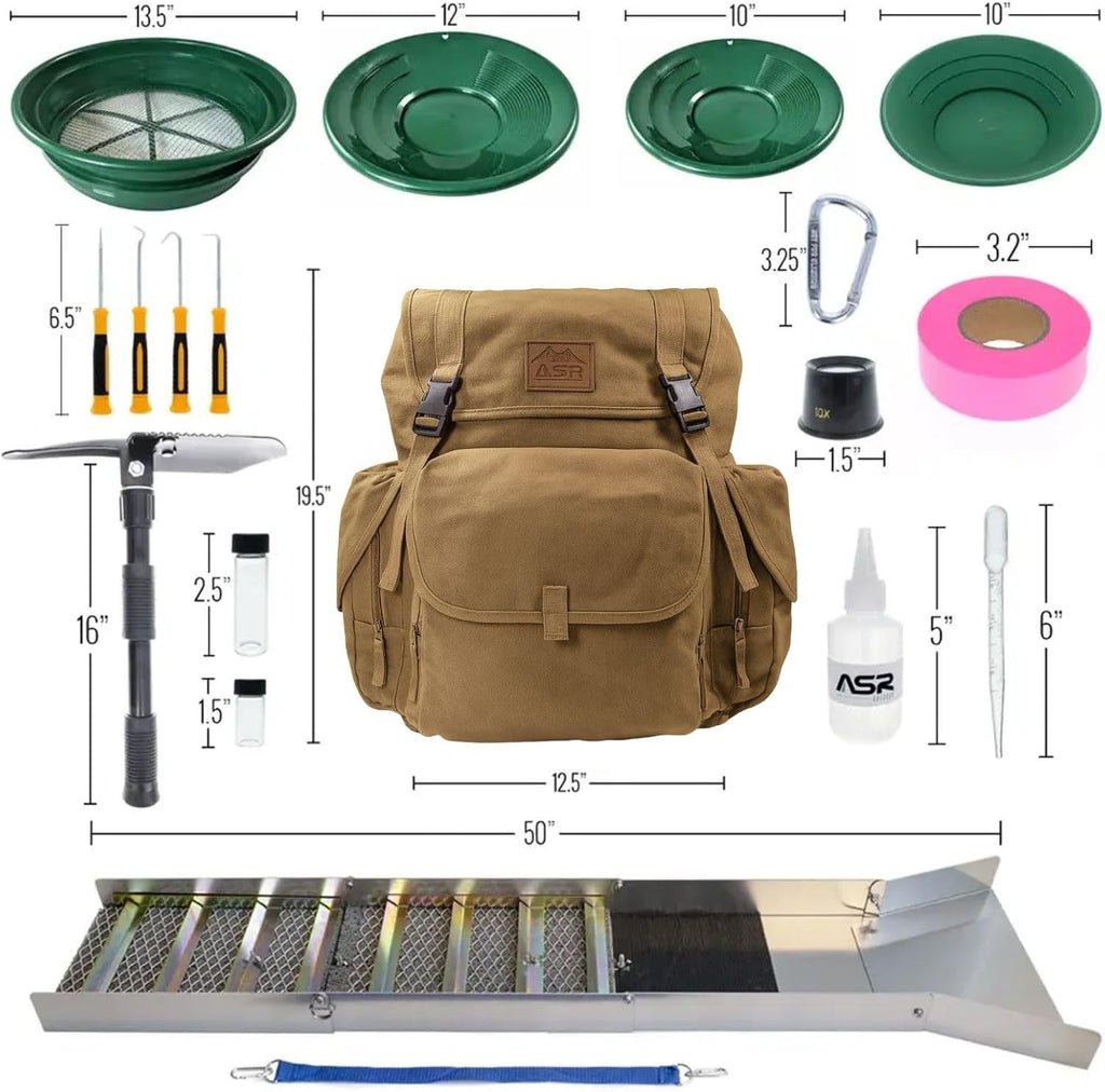 ASR Outdoor 24pc Deluxe 50' Backpack Folding Gold Sluice Box Kit Gold Prospecting Equipment Set, Khaki