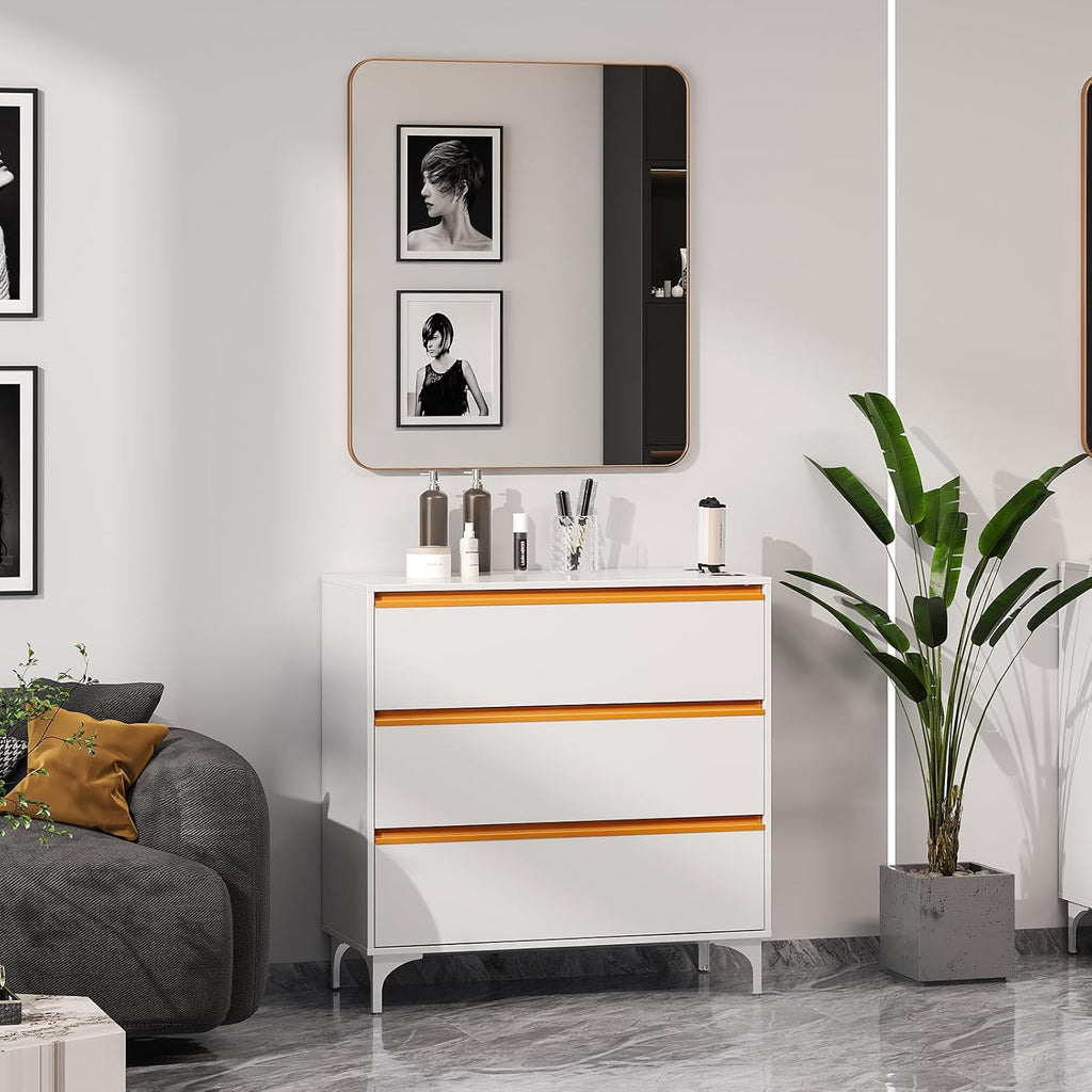 OmySalon Salon Station for Hair Stylists, Barber Free Standing Styling Cabinet with 3 Drawers, Square Mirror & Hair Dryer Holders, Modern White Gold Beauty Dresser for Salon, Spa, Home