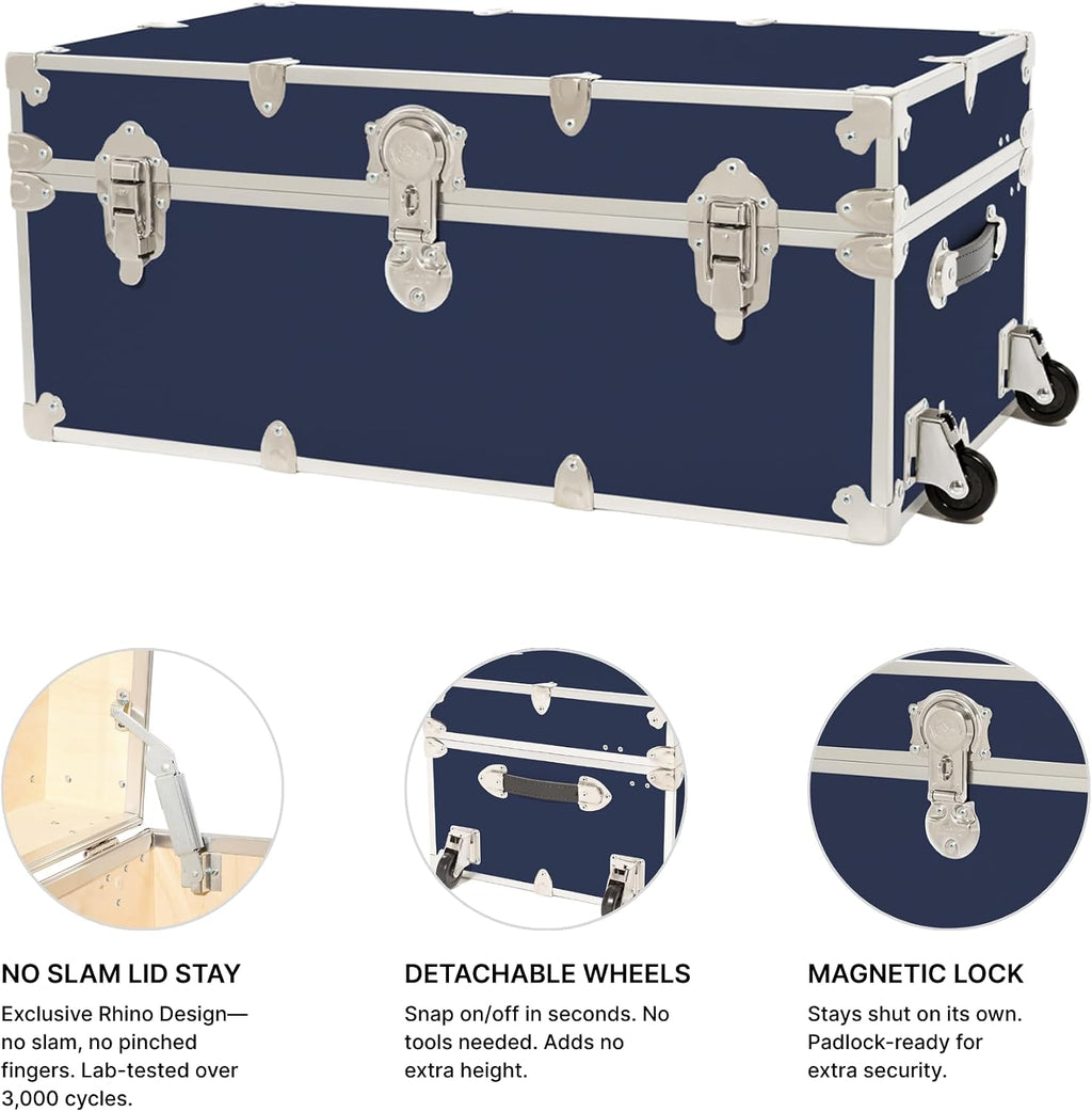 Rhino Trunk & Case Classic Camp & College Trunk with Wheels. 30'x17'x13', 1500+ lbs Capacity - Many Colors, Soft-Close Lid. Strong, USA Made Summer Camp Footlocker and Secure Dorm Storage Chest