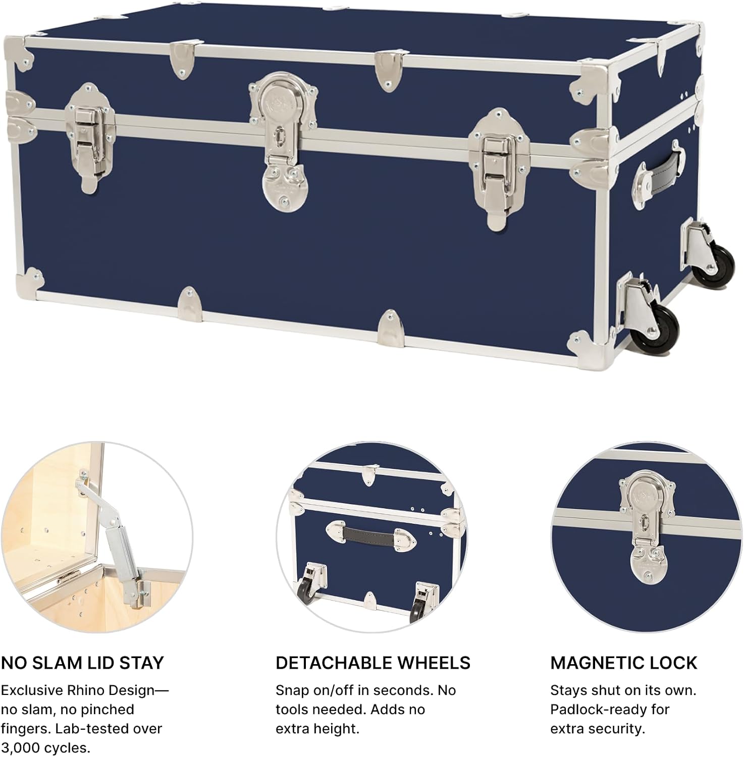 Rhino Trunk & Case Classic Camp & College Trunk with Wheels. 30'x17'x13', 1500+ lbs Capacity - Many Colors, Soft-Close Lid. Strong, USA Made Summer Camp Footlocker and Secure Dorm Storage Chest