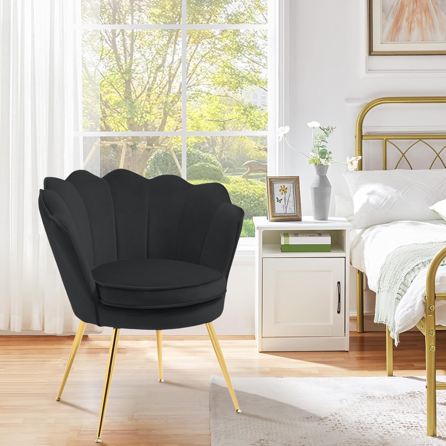 Czlolo Accent Chairs Set of 2 for Living Room, Velvet Upholstered Makeup Room Vanity Chair with Back, Golden Metal Legs Small Accent Side Chair for Bedroom, Cloud Chair Set, 2 Pcs Black