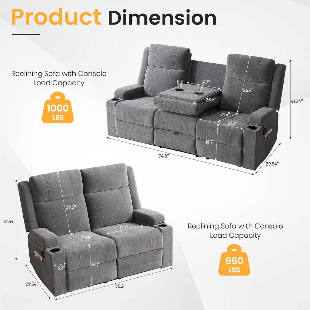 Manual Recliner Sofa Set for Living Room, Comfy Chenille Loveseat Recliner Sofa & Deep Seat Reclining Couch, RV Wall Hugger Loveseat Sofa Set for Living Room Furniture Sets(Gray)
