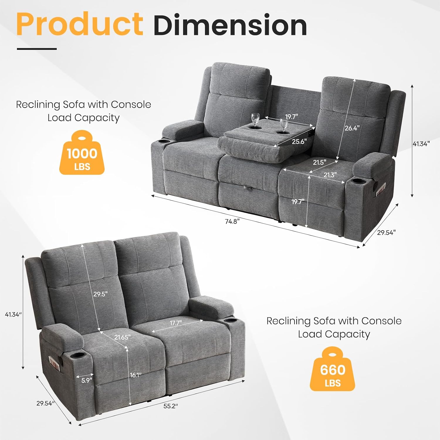 Manual Recliner Sofa Set for Living Room, Comfy Chenille Loveseat Recliner Sofa & Deep Seat Reclining Couch, RV Wall Hugger Loveseat Sofa Set for Living Room Furniture Sets(Gray)