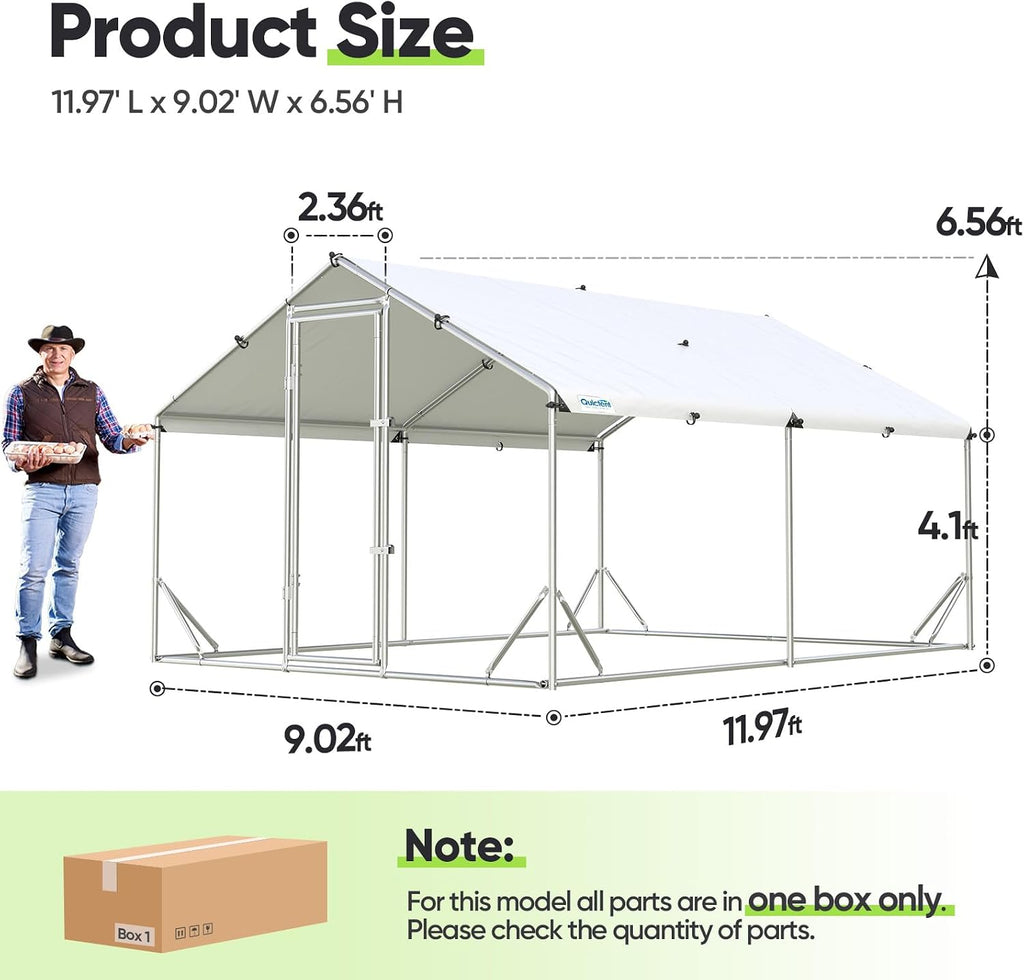 Quictent Large Metal Chicken Coop Run for 20+ Poultry with Side Hardware Cloth & Waterproof Cover, Advanced Series Outdoor Walk-in Cage Hen Duck Rabbit Dog Pen Yard Farm House, 12x9x6.6FT