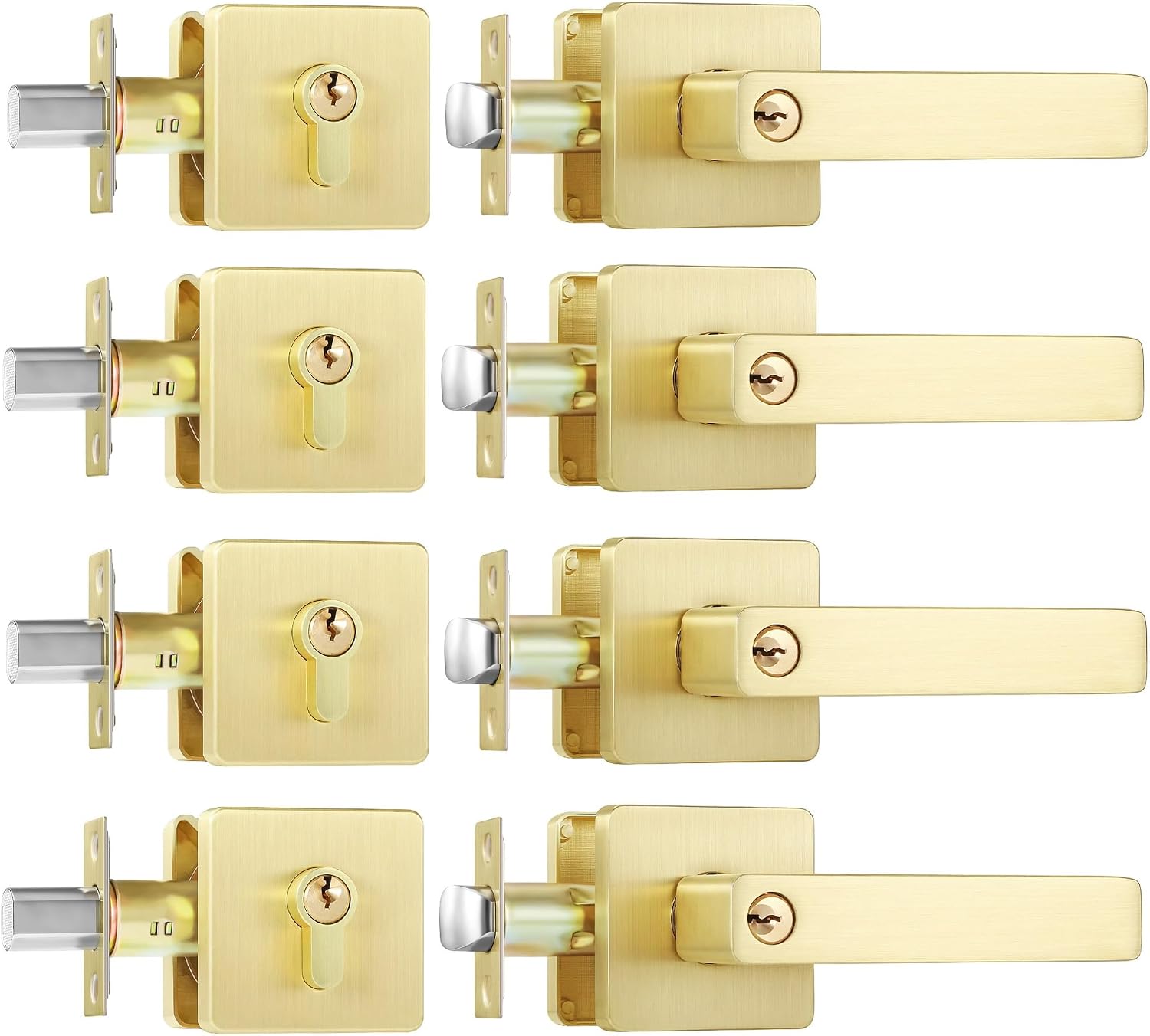 Leydebong 4 Pack Front Door Knob and Deadbolt Set, Keyed Alike Entry Door Locksets with Single Cylinder Deadbolt, Gold Door Lock Set for Bedroom/Office/Exterior Doors