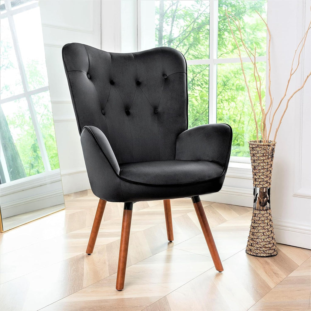 Container Furniture Direct Chic Accent Arm Chairs for Living Room, Bedroom, or Home Office, Button-Tufted Midcentury Armchair with Wingback Design and Splayed Legs, Black