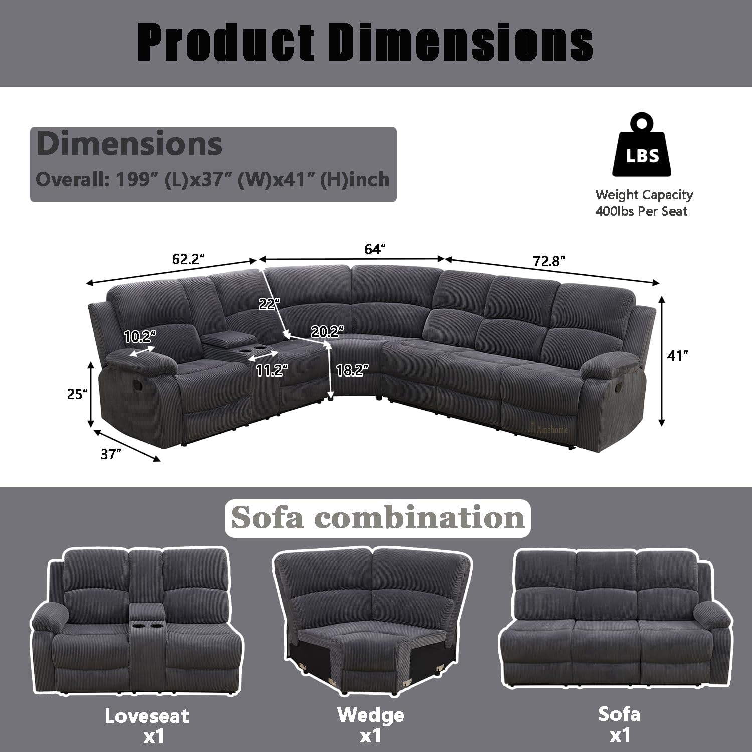A Ainehome Furniture Manual Sectional Recliner Sofa Set with Storage, Corduroy Sofa Sets Manual Reclining Sectional Couches for Living Room with 2 Recliner Seats(Living Room Set, Dark Grey)