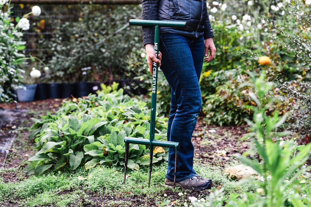 Raised Bed Garden Fork - Green, 9' Tines, 12' Width, 25.5' Height, 8 lbs, Manual Operation, Metal