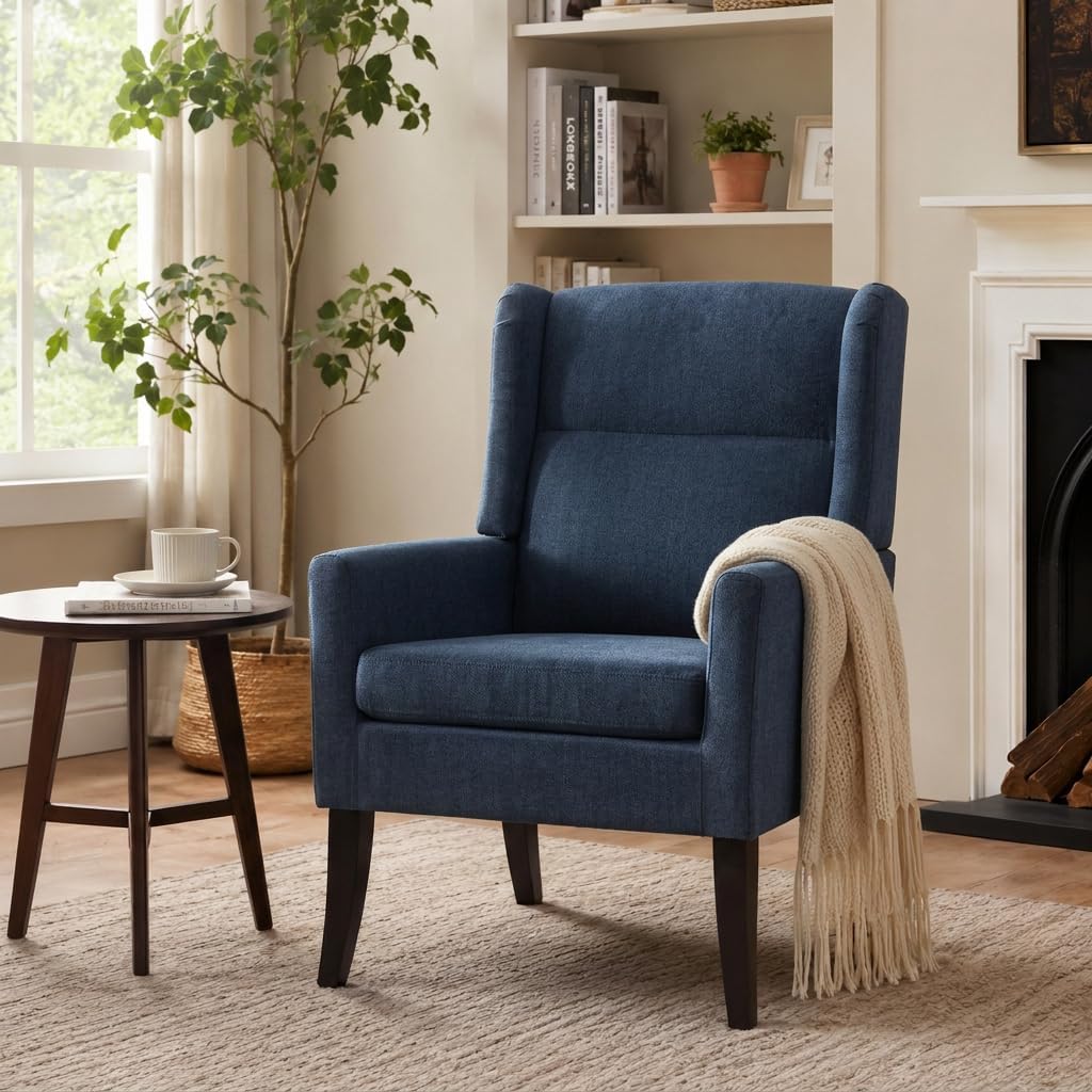 Zihanhome High Back Accent Chair, Fabric Living Room Chairs, Modern Comfy Chair with Wooden Legs,Upholstered Armchair for Living Room,Bedroom,Apartment,Reading Spaces.(1,Blue)