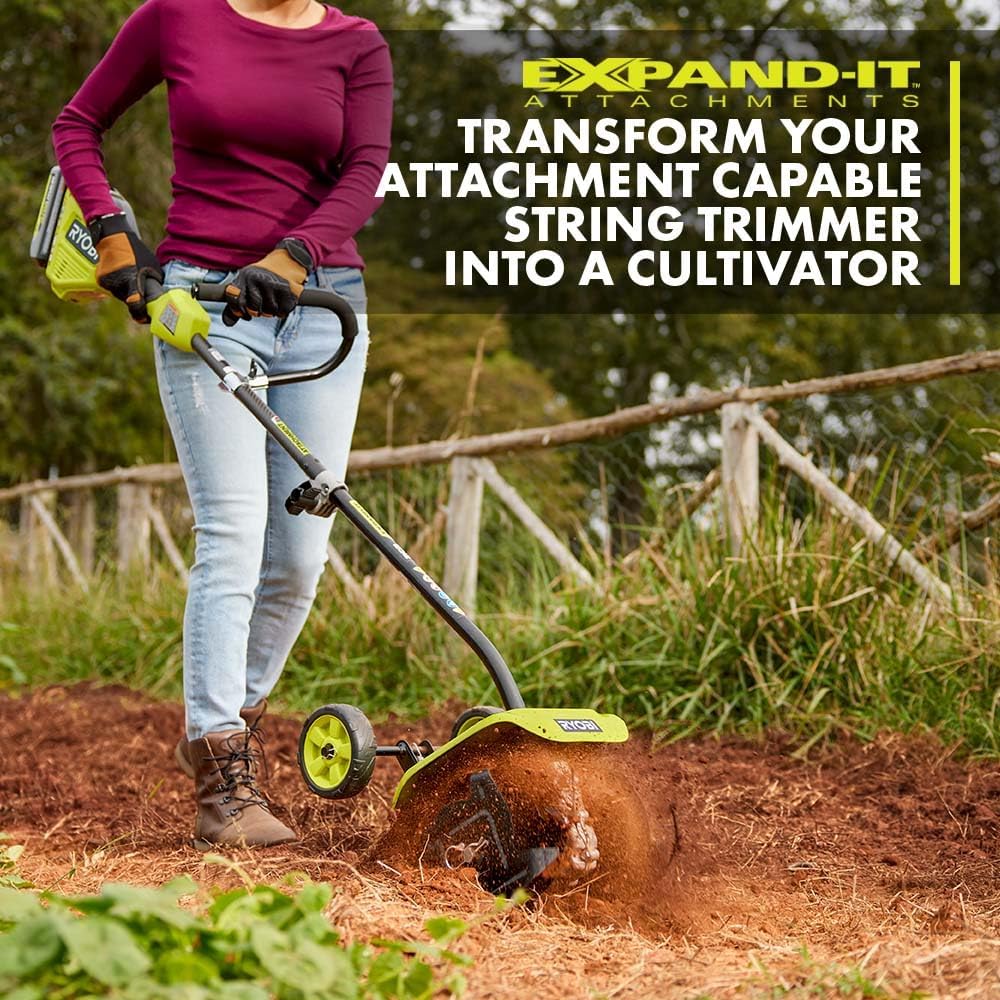 RYOBI Expand It Universal Tiller Attachment, Cultivator for String Trimmer, 8 inch, 4 Steel Tines