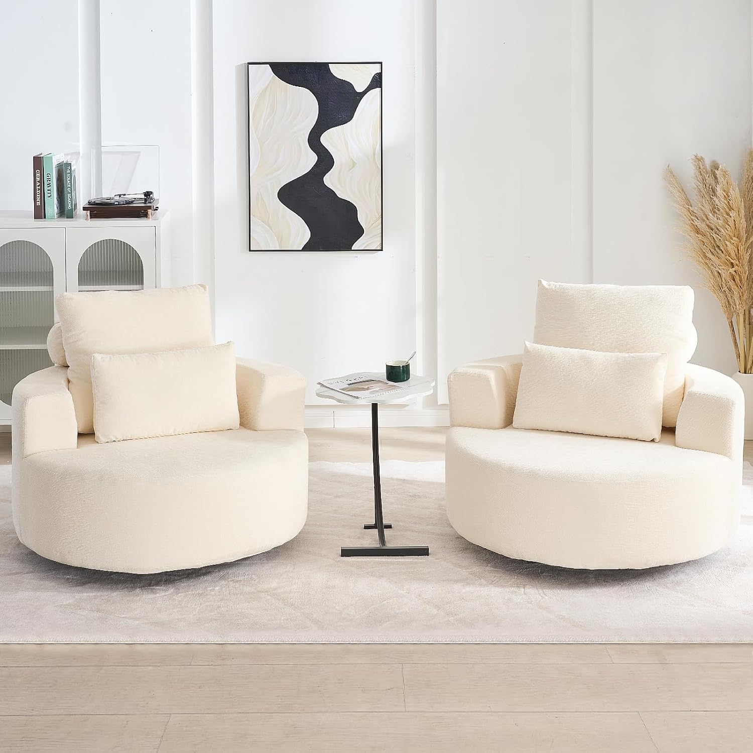 Furnimart 40' Oversized Barrel Accent Chair Set of 2, 360° Swivel Round Upholstered Sofa, Chenille High-Resilience Sponge, No Assembly, Wide Seat for Living Room, Bedroom, Apartment (Beige)