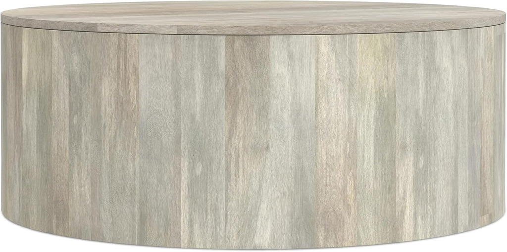 SIMPLIHOME Millbury Drum Coffee Table - 36 inch Wide Solid Mango Wood Round Living Room Table in White Wash, Contemporary Cocktail Table for Family Room or Lounge with Large Surface, Assembled